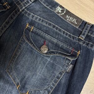 Vintage Y2K MEK DENIM Men's Dark Wash Baggy Relaxed Bootcut Jeans Size 38x34